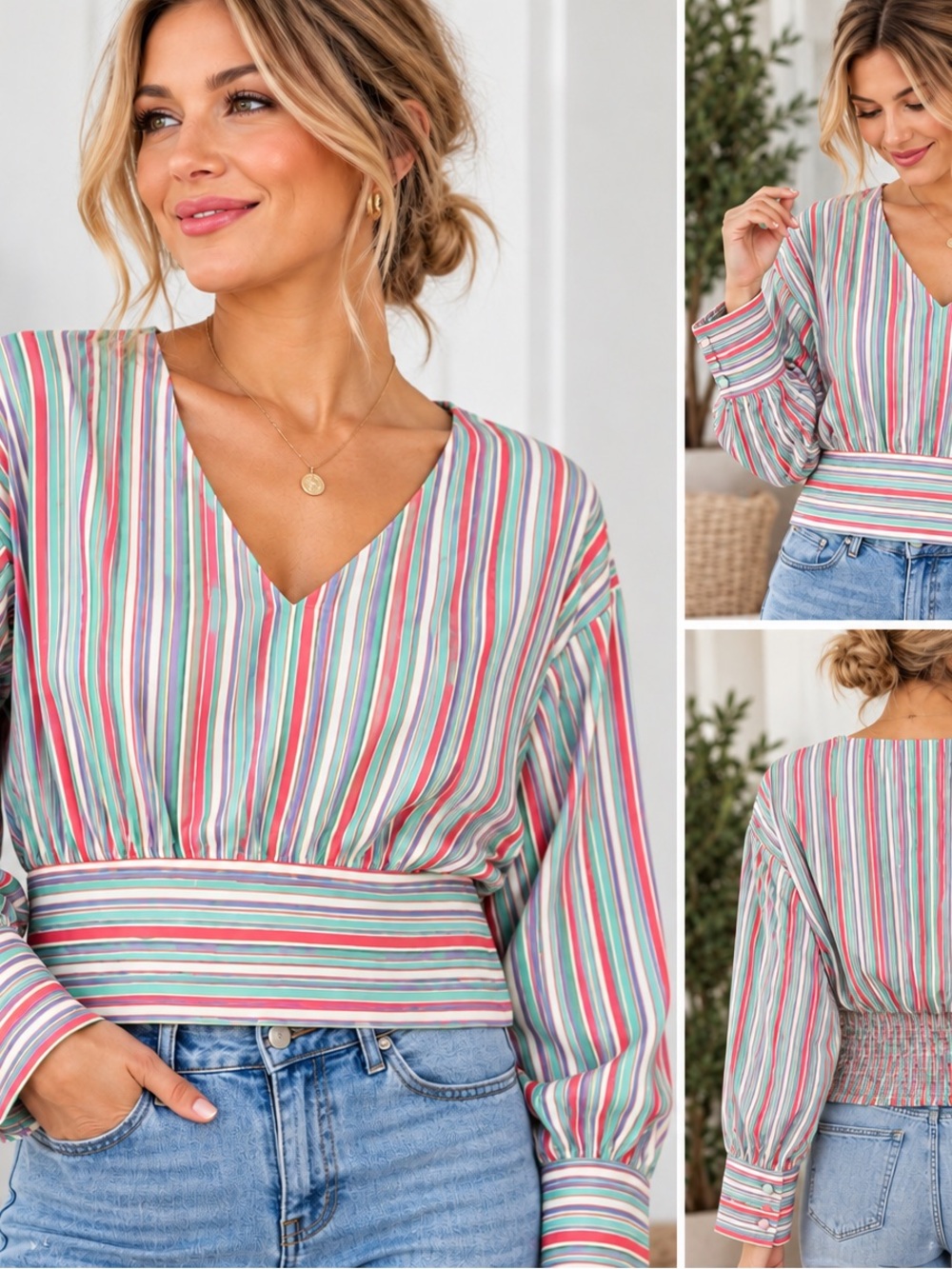 NWT Velvet Heart Multi-Stripe V-Neck Peplum Blouse
